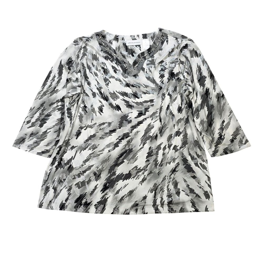 Alfred Dunner Embellished V-Neck Blouse Womens Size XL Grey Abstract Brushstroke